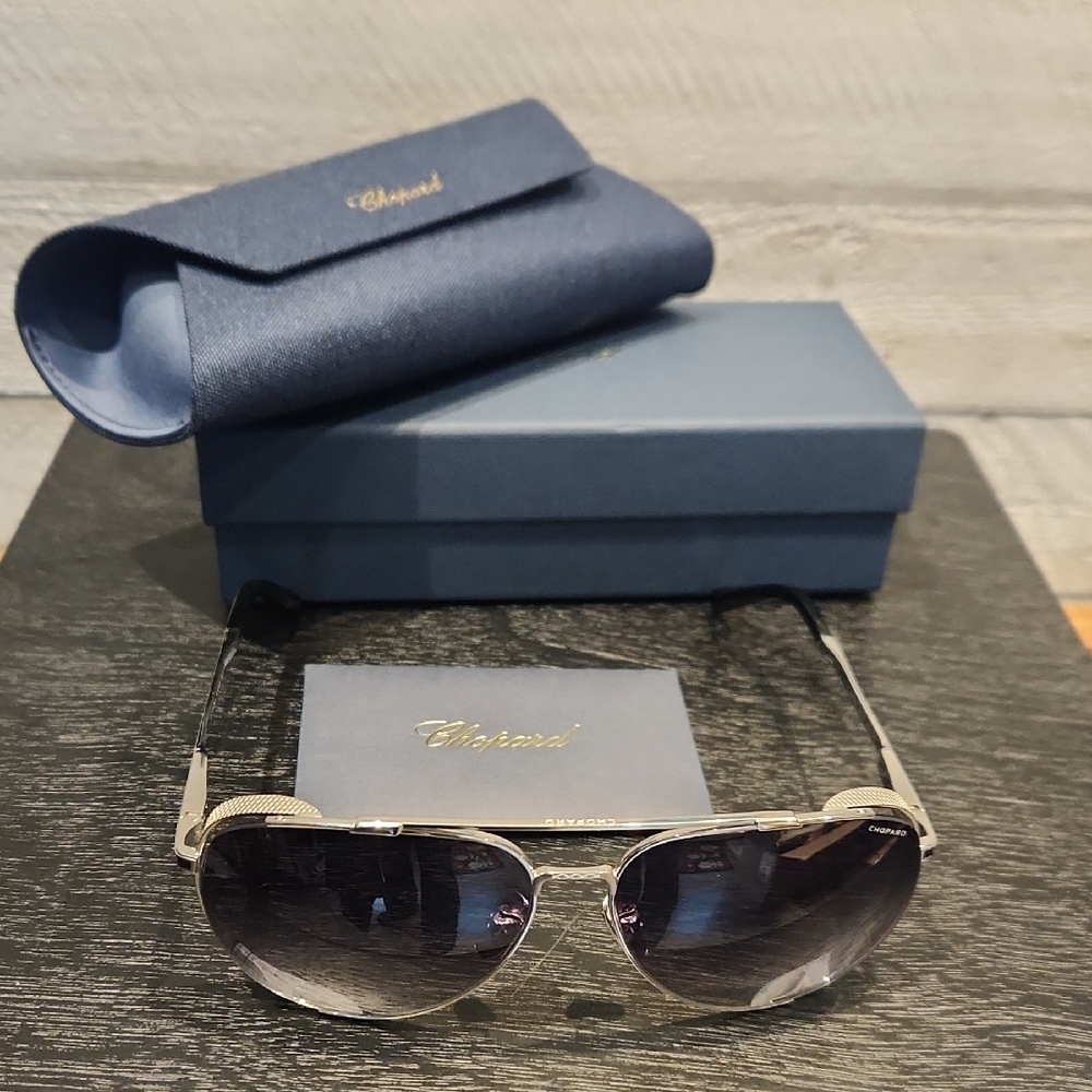 NWT Chopard SCGC33M 60/15/140 Silver Aviator Sunglasses